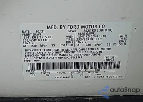 2021 Ford Explorer Xlt z USA, uszkodzony, nr VIN 1FMSK7DH4MGC50281